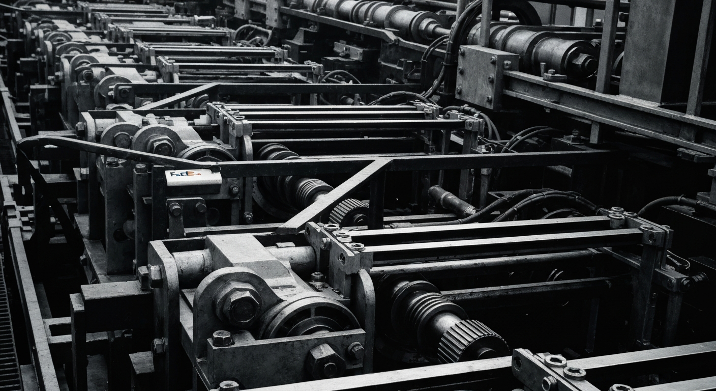 An extreme close-up of the gears, pulleys, and other mechanical components that make up the industrial machinery at the heart of FedEx's logistics network, captured in a high-contrast, cinematic style that emphasizes the scale and complexity of the company's operations.