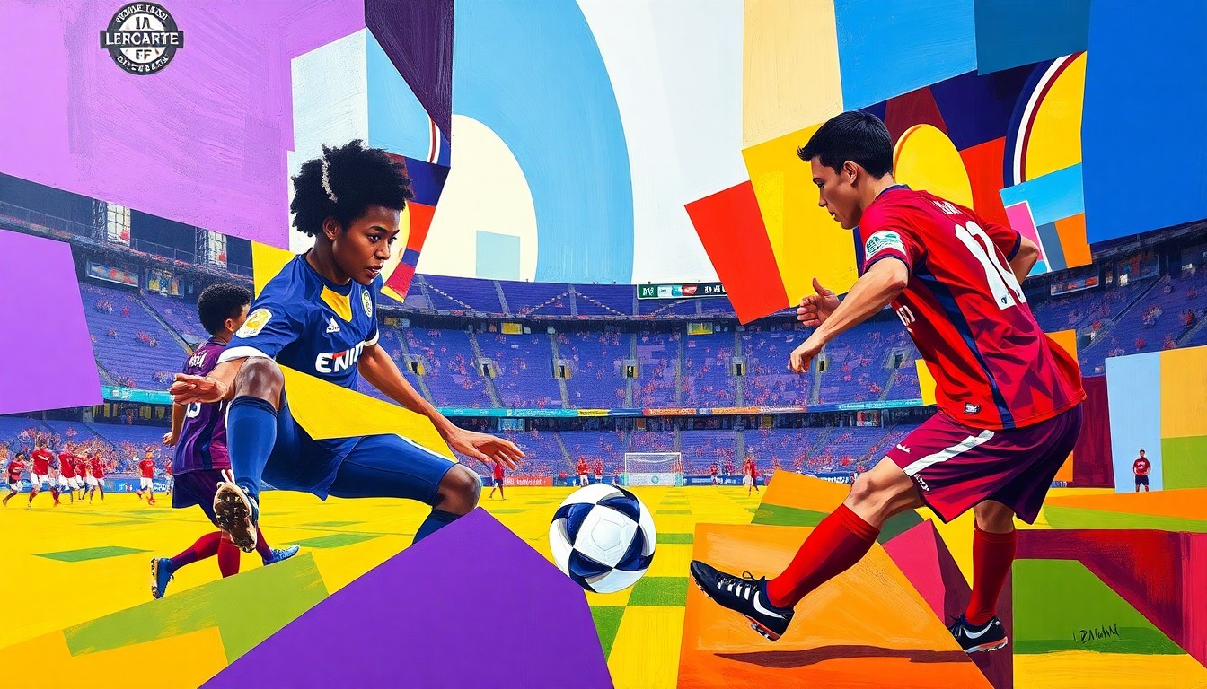 A fragmented, cubist-style painting depicting a soccer match, with overlapping geometric shapes and planes in the Pride's purple and gold colors and Angel City's red and blue, capturing the dynamic action and energy of the game.
