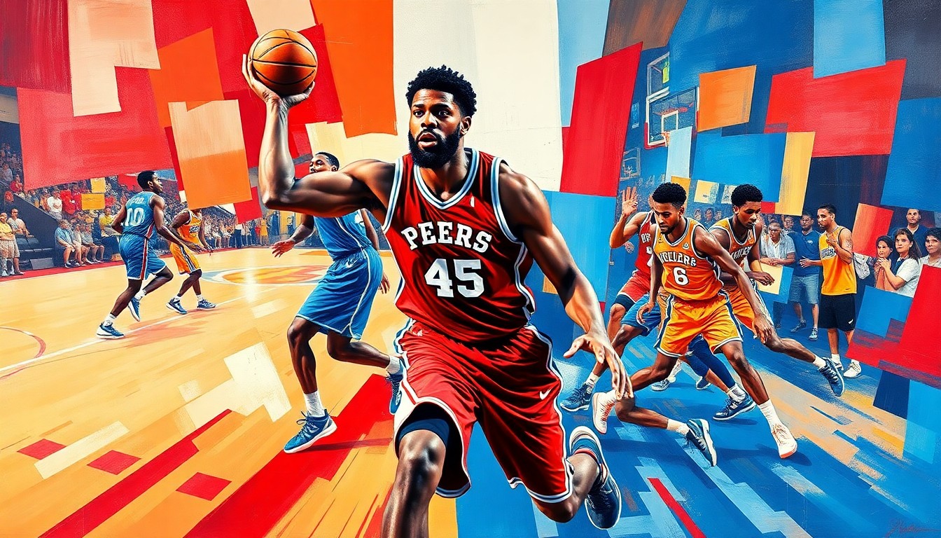 A cubist, geometric painting depicting the dynamic movements and actions of a basketball player, with sharp planes of red, blue, and white colors representing the 76ers' uniform, conceptually illustrating the team's need to balance Embiid's health and availability.