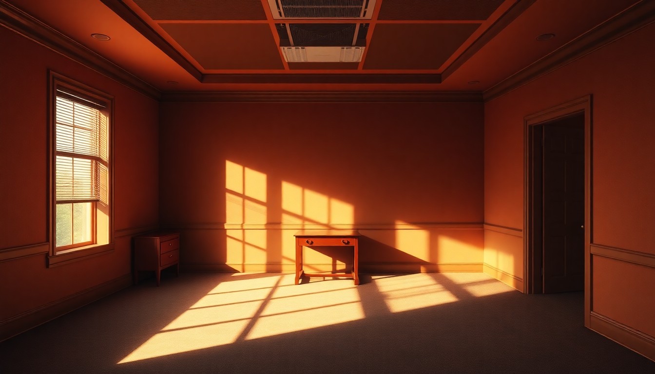 A dimly lit, cinematic painting of an empty political office space, with warm sunlight streaming in through the windows and deep shadows cast across the room, conveying a sense of quiet contemplation and the aftermath of a political storm.