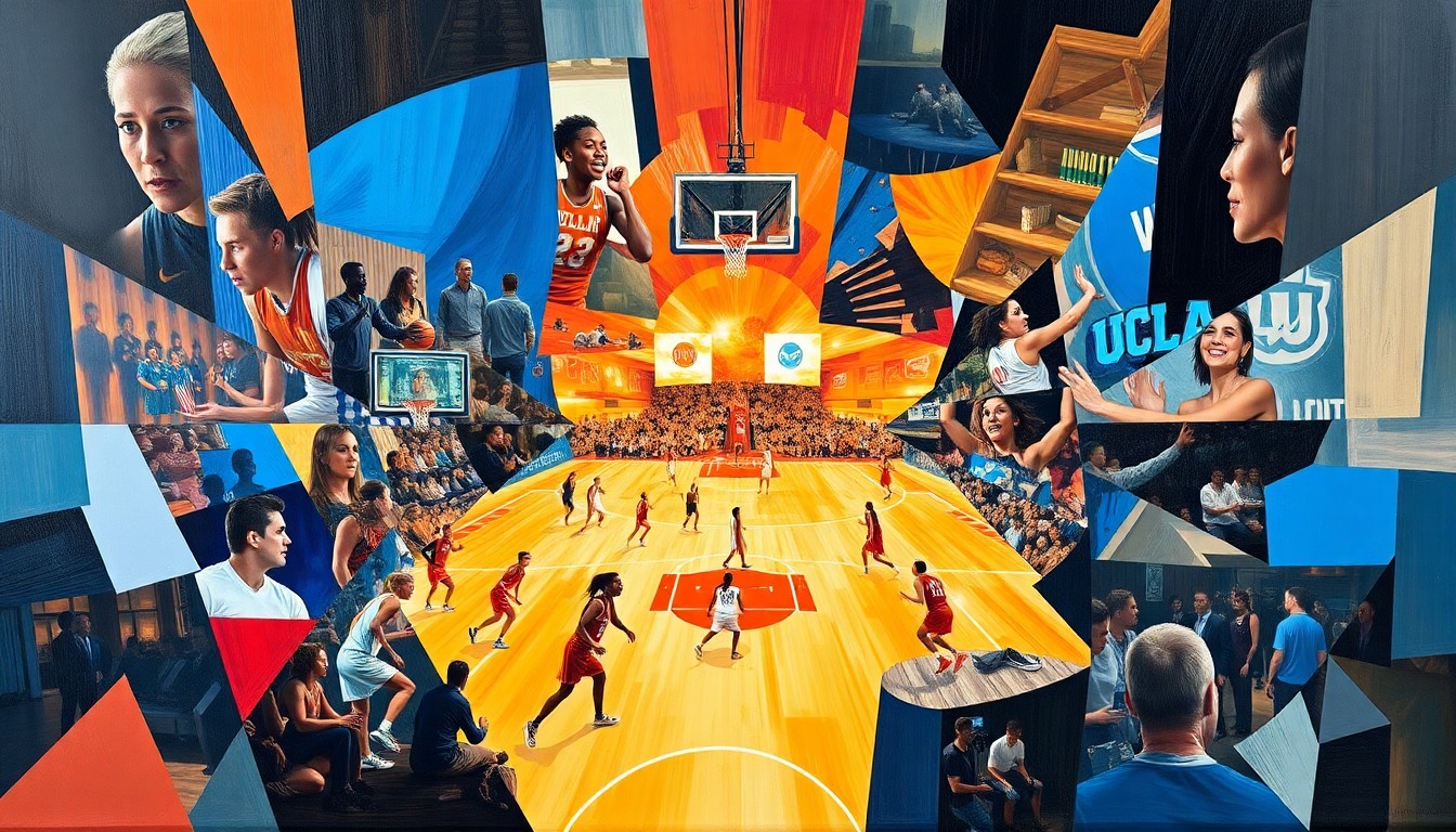 A cubist, geometric painting depicting the intense action and emotion of the NCAA women's basketball semifinal game between UCLA and Texas, with overlapping planes of players, baskets, and court lines in a vibrant color palette.