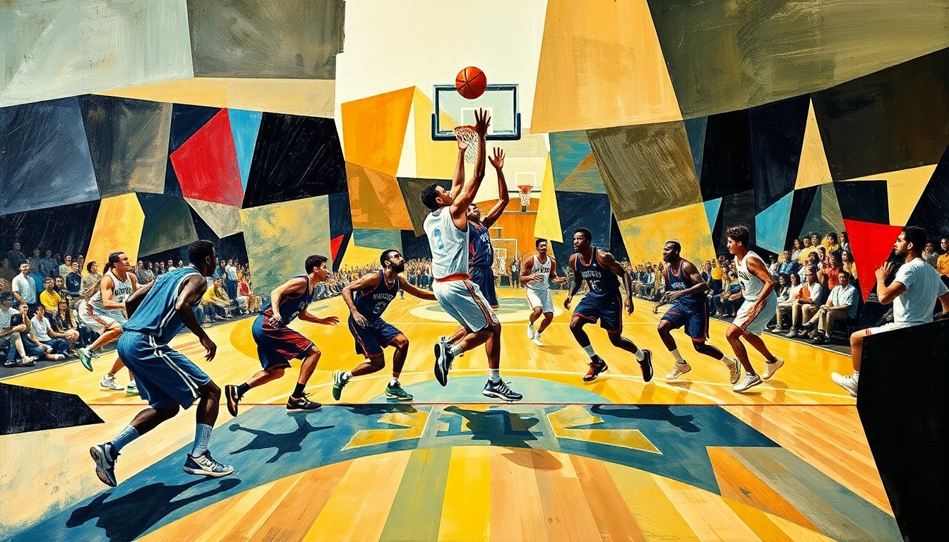 A fractured, multi-perspective painting breaking down a basketball game into sharp, overlapping geometric planes, with the players' figures deconstructed into abstract shapes and forms, capturing the dynamic motion and energy of the sport.
