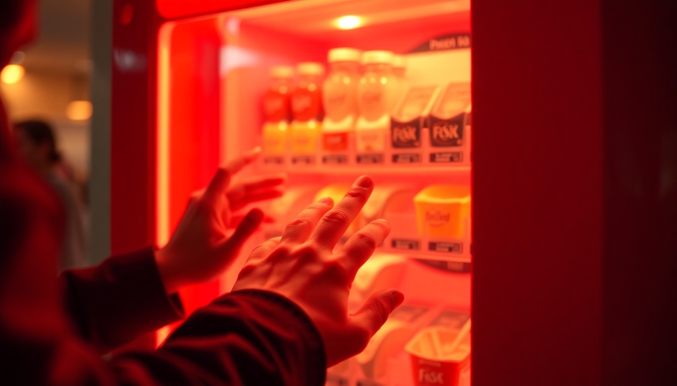 An abstract, out-of-focus photograph showing the blurred silhouettes of people's hands interacting with a large, red vending machine, with warm, colorful pools of light creating a dreamlike, atmospheric scene that captures the spirit of the Light the World Giving Machines initiative.