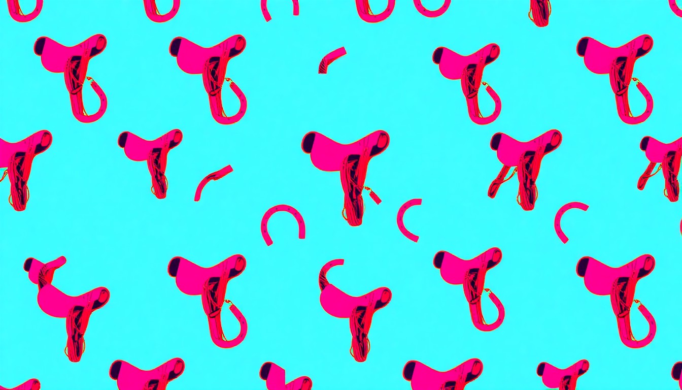 A high-contrast silkscreen print of a single equestrian object like a saddle or horseshoe, repeated in a grid pattern with a neon color palette and heavy black outlines, creating a modern pop art interpretation of country living.