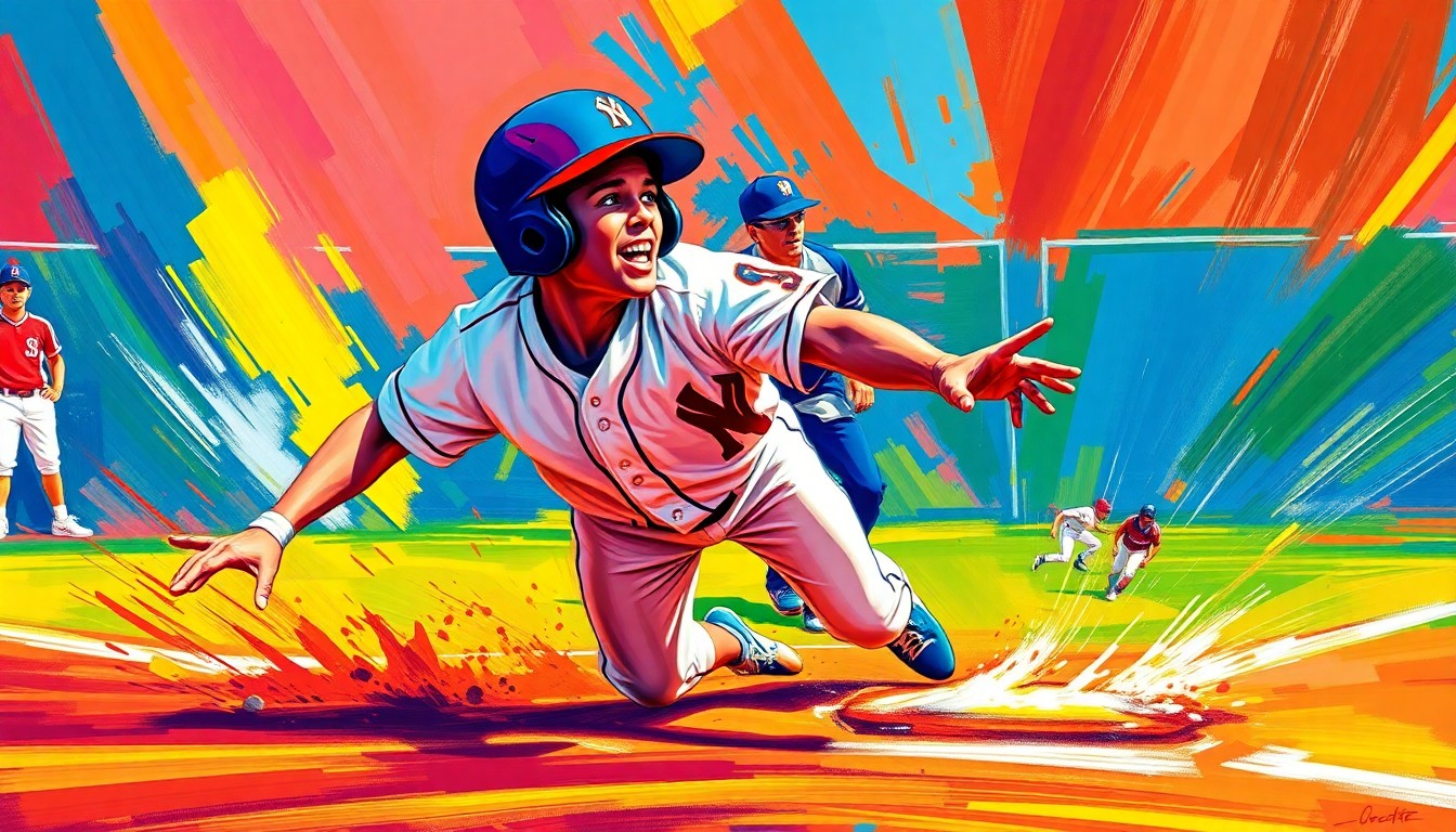 An abstract, expressionist painting in neon colors depicting the dynamic motion of a baseball player sliding into home plate, conveying the energy and excitement of a promising debut performance.