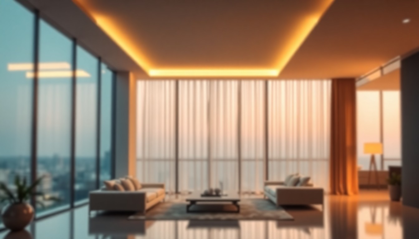An extremely abstracted, out-of-focus photograph shot through condensation or rain-streaked glass, composed entirely of a modern, high-end condominium interior scene in soft pools of warm color and light, conveying a sense of tranquility and comfort.