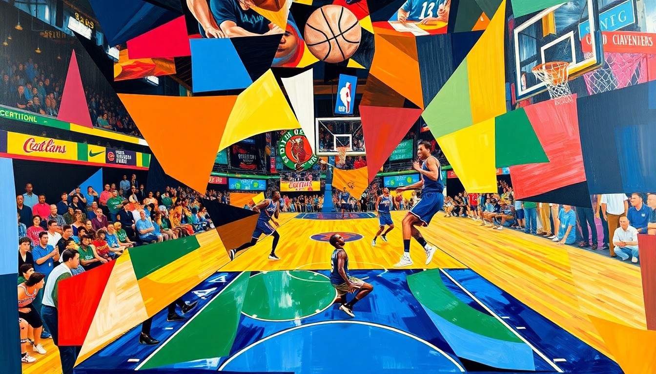 A fractured, geometric painting depicting an abstract basketball game, with sharp planes of bright blue, green, red, and yellow colors representing the top teams in the Eastern Conference playoff race.