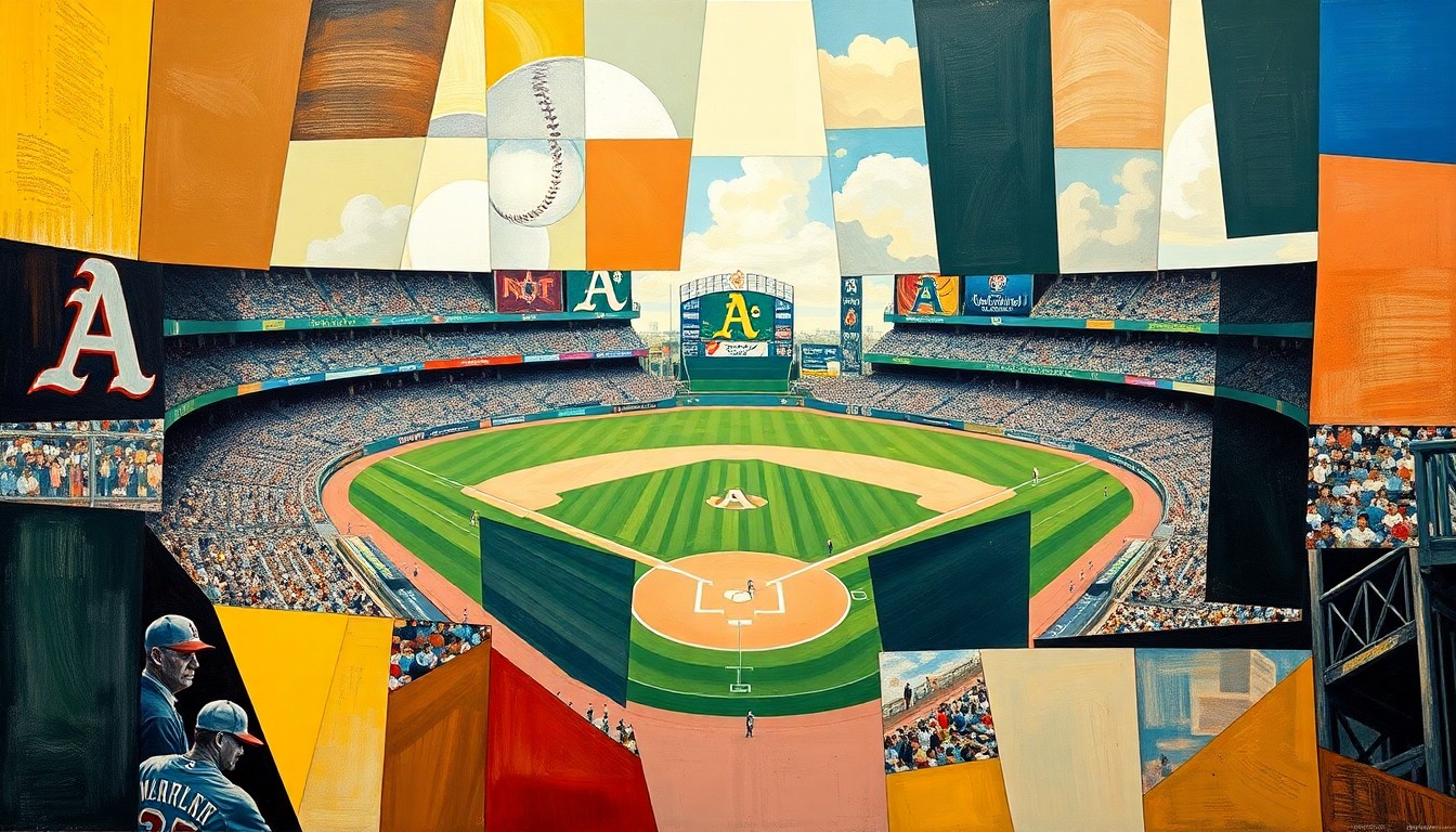 A fractured, multi-perspective painting depicting a baseball game between the Oakland Athletics and Houston Astros, with the players and field broken down into sharp, overlapping geometric shapes and planes in a cubist style.