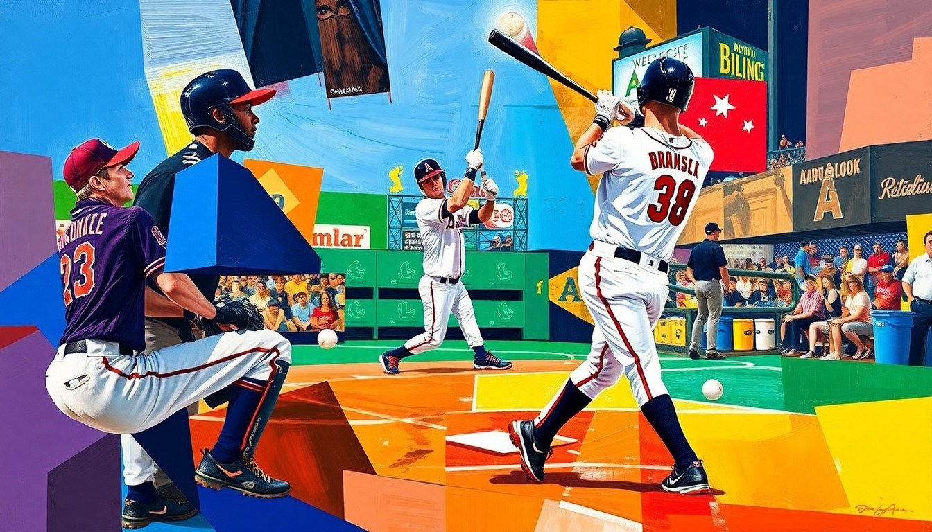 A cubist, geometric painting depicting the dynamic motion and energy of a baseball game, with the players and field fractured into overlapping planes of bright team colors.