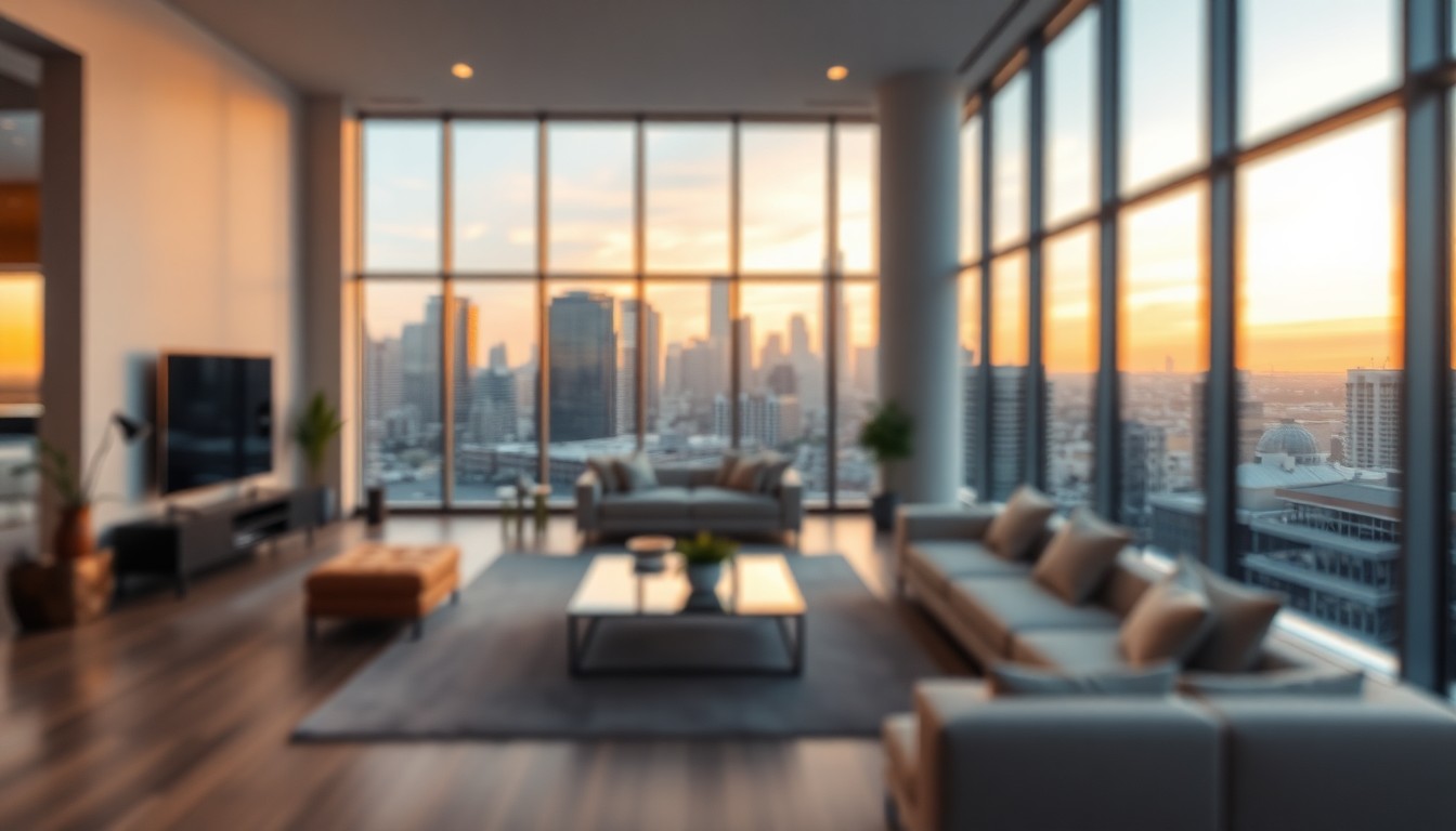 An extremely abstracted, out-of-focus photograph of a modern living room with floor-to-ceiling windows overlooking a city skyline, composed entirely of soft, warm pools of light and color, conceptually representing the luxurious and inviting atmosphere of the condo.