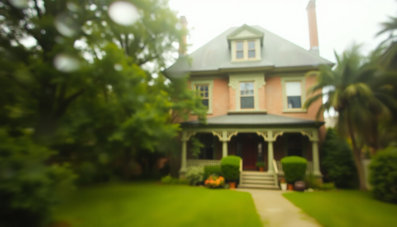 An abstracted, out-of-focus photograph showing the exterior of a historic Victorian townhouse surrounded by a lush, green yard, captured in a soft, warm color palette that evokes a sense of timeless elegance.