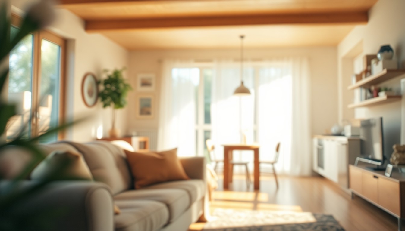 A soft, abstract photograph of a cozy living room with warm wood tones and a glimpse of a kitchen, captured in a hazy, dreamlike wash of light and color.