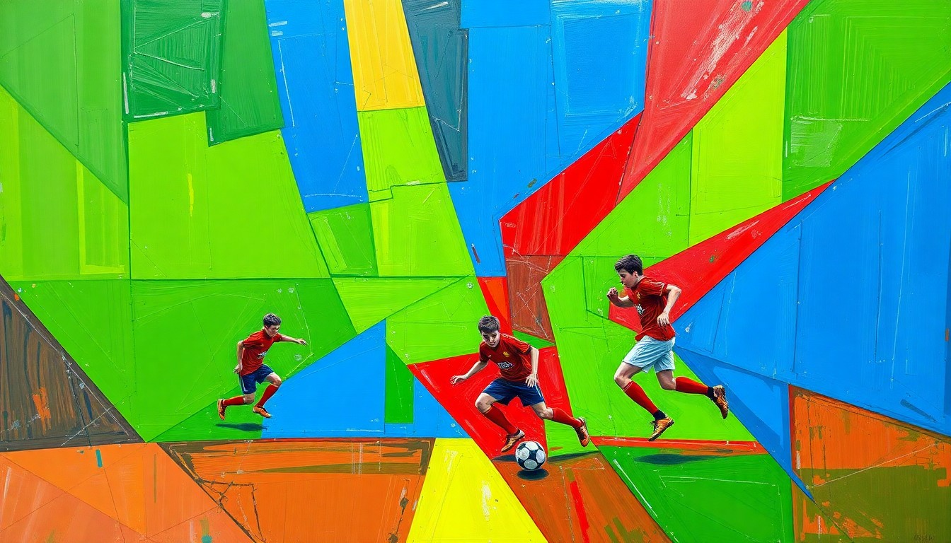 A cubist, geometric painting depicting a high-intensity soccer match, with overlapping planes of green, blue, and red representing the players, field, and action.