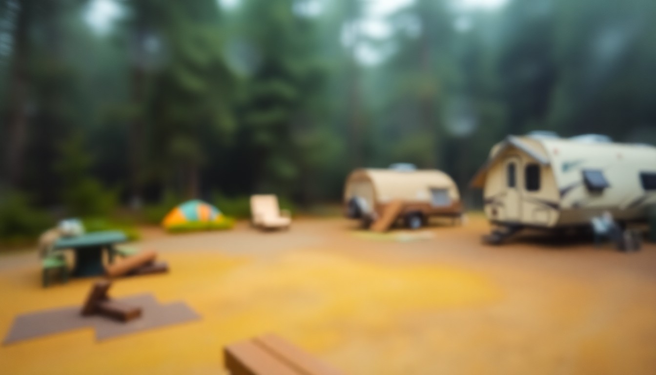 An impressionistic, out-of-focus photograph depicting the serene, forested atmosphere of a Pacific Northwest campground, with soft, warm tones of green and brown creating a dreamlike, peaceful scene.