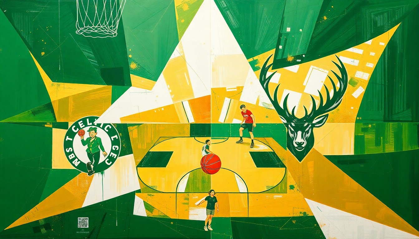 A cubist, geometric painting depicting fragmented, overlapping shapes and planes of green, gold, and white, representing the fast-paced action and energy of a basketball game between the Boston Celtics and Milwaukee Bucks.