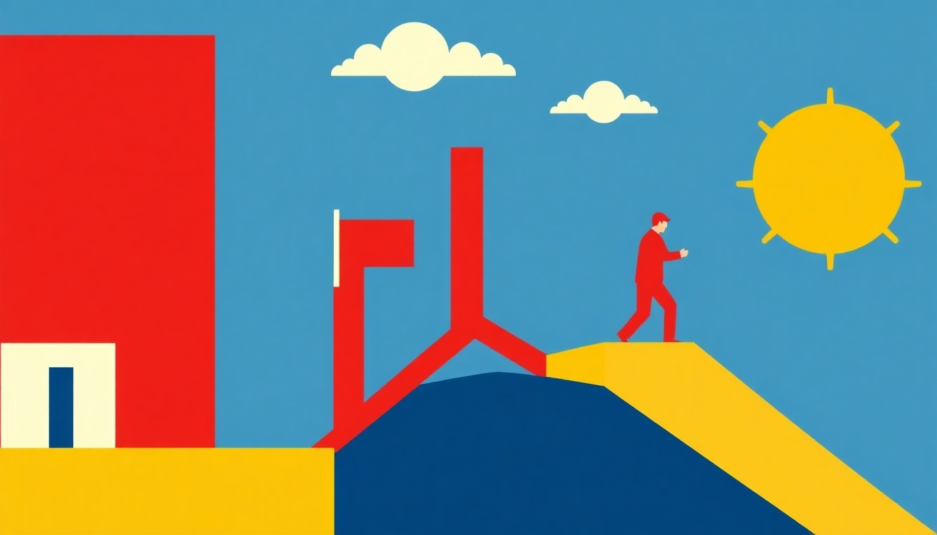 An abstract geometric illustration using bold shapes and primary colors to represent economic growth and job creation, without any text or identifiable elements.