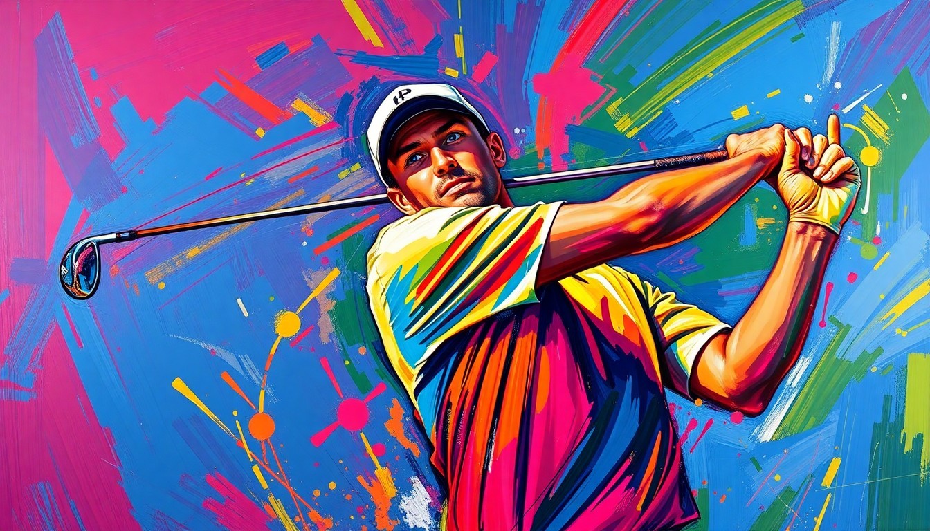 An abstract, energetic painting featuring bold, sweeping brushstrokes in neon greens, oranges, and blues, conceptually representing the dynamic motion and raw power of a professional golfer's swing.