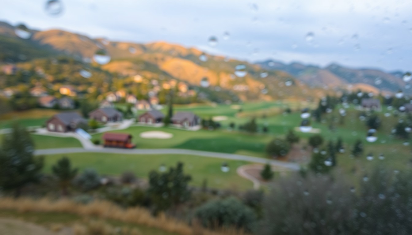 An extremely blurred, impressionistic photograph in warm, earthy tones depicting the natural beauty and serenity of a golf course community nestled in the mountains.