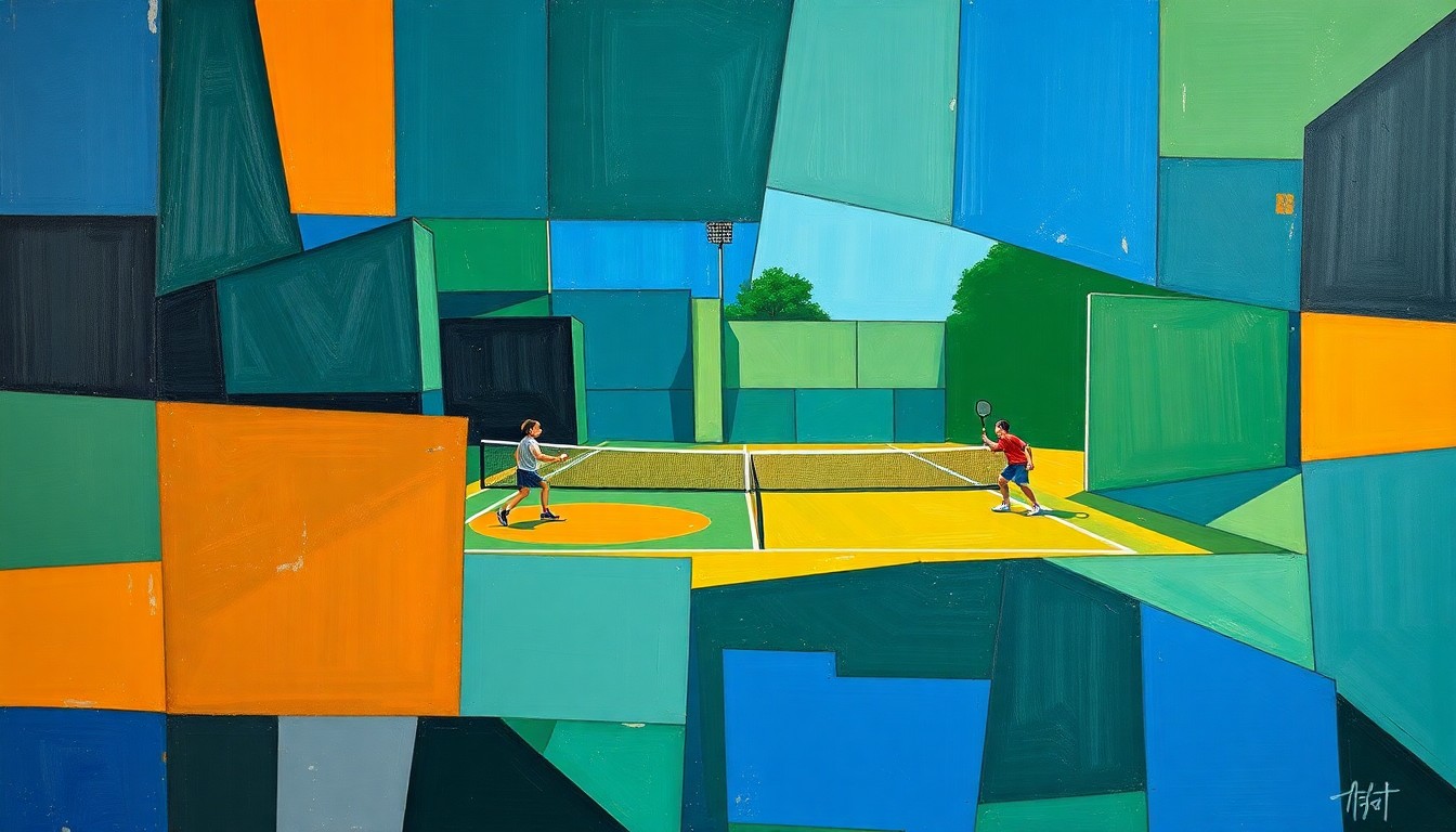 A cubist, geometric painting depicting a high school tennis match, with sharp, overlapping planes of color representing the dynamic movements and competitive energy of the sport.