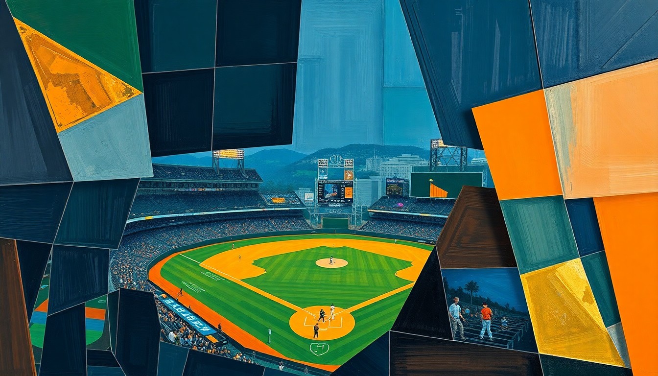 A cubist, geometric painting depicting a baseball game broken down into overlapping planes of navy, green, and orange, conveying the intensity and energy of the Mizzou comeback win.