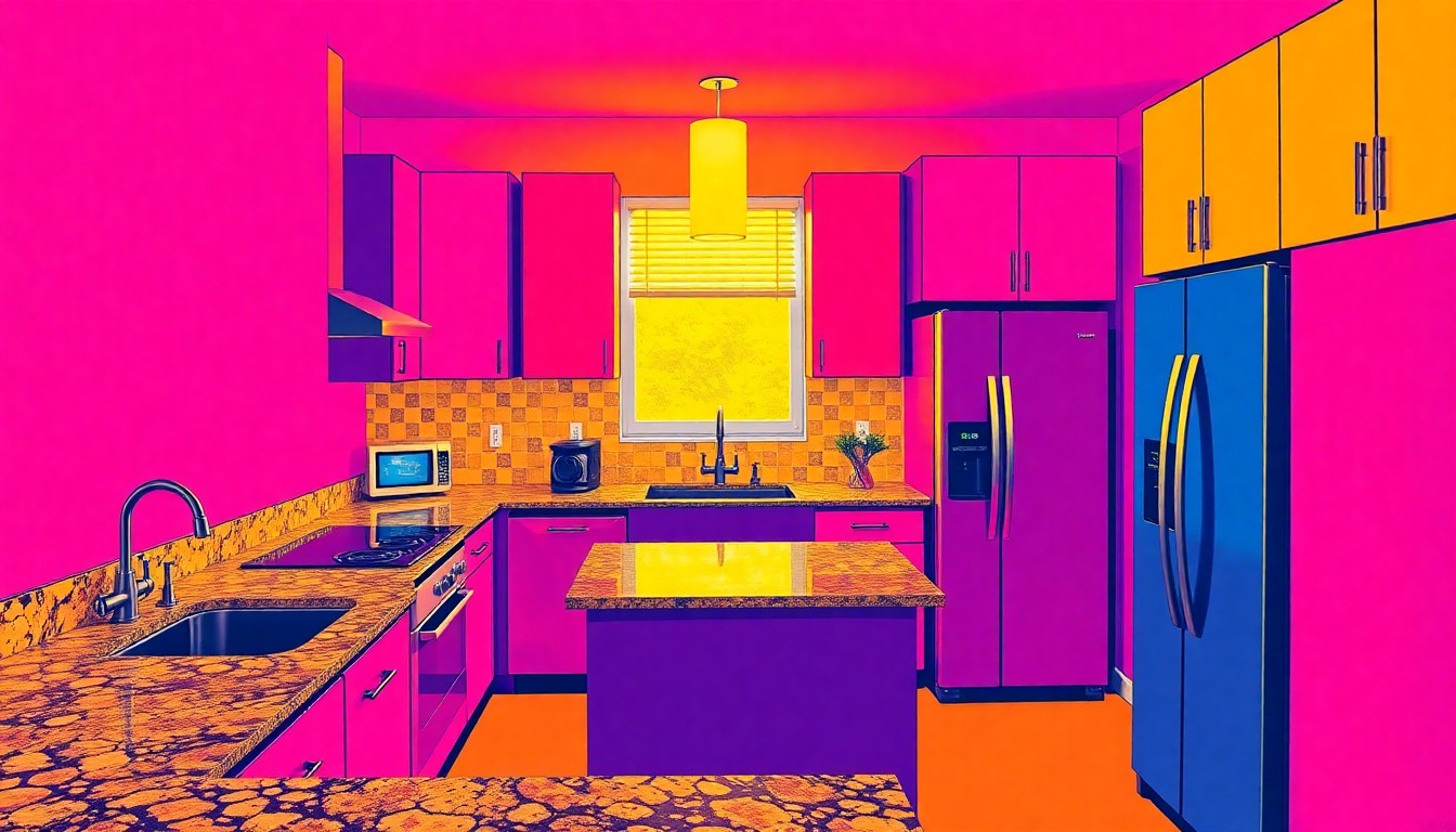 A brightly colored, high-contrast silkscreen print of a modern kitchen with granite countertops, stainless steel appliances, and a breakfast bar, repeated in a tight grid pattern, conceptually representing the high-end lifestyle features of the Rockville condo.