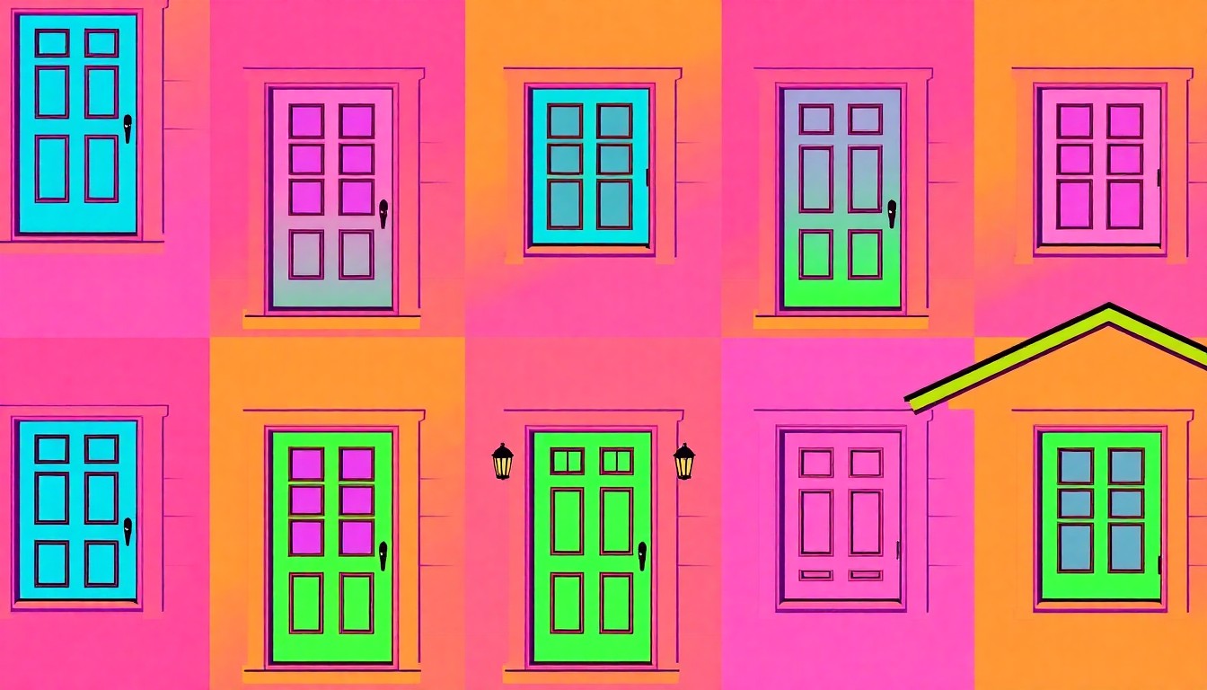 A high-contrast, silkscreen-style illustration featuring a repeated pattern of a single home exterior element, such as a front door or window, in a grid of neon colors and bold black outlines, conceptually representing the modern, updated style of the property.