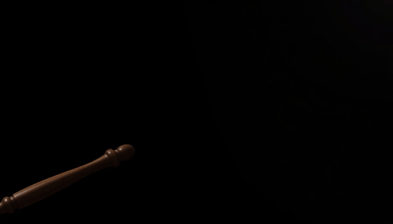 An extreme close-up photograph of a wooden gavel against a pitch-black background, the harsh lighting creating dramatic shadows and textures to convey the serious nature of a public corruption case.