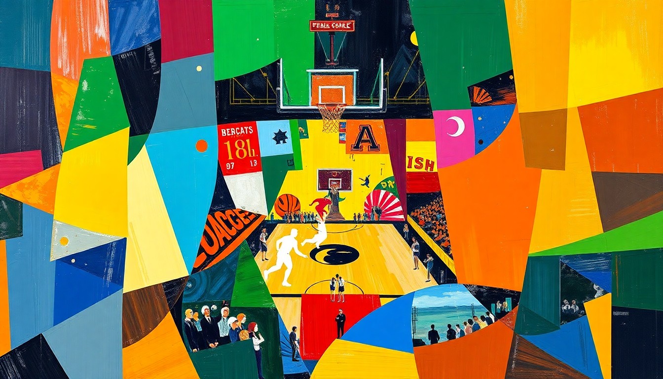 A cubist, geometric painting depicting a fragmented college basketball game, with sharp planes of bright colors representing the energy and intensity of the sport.
