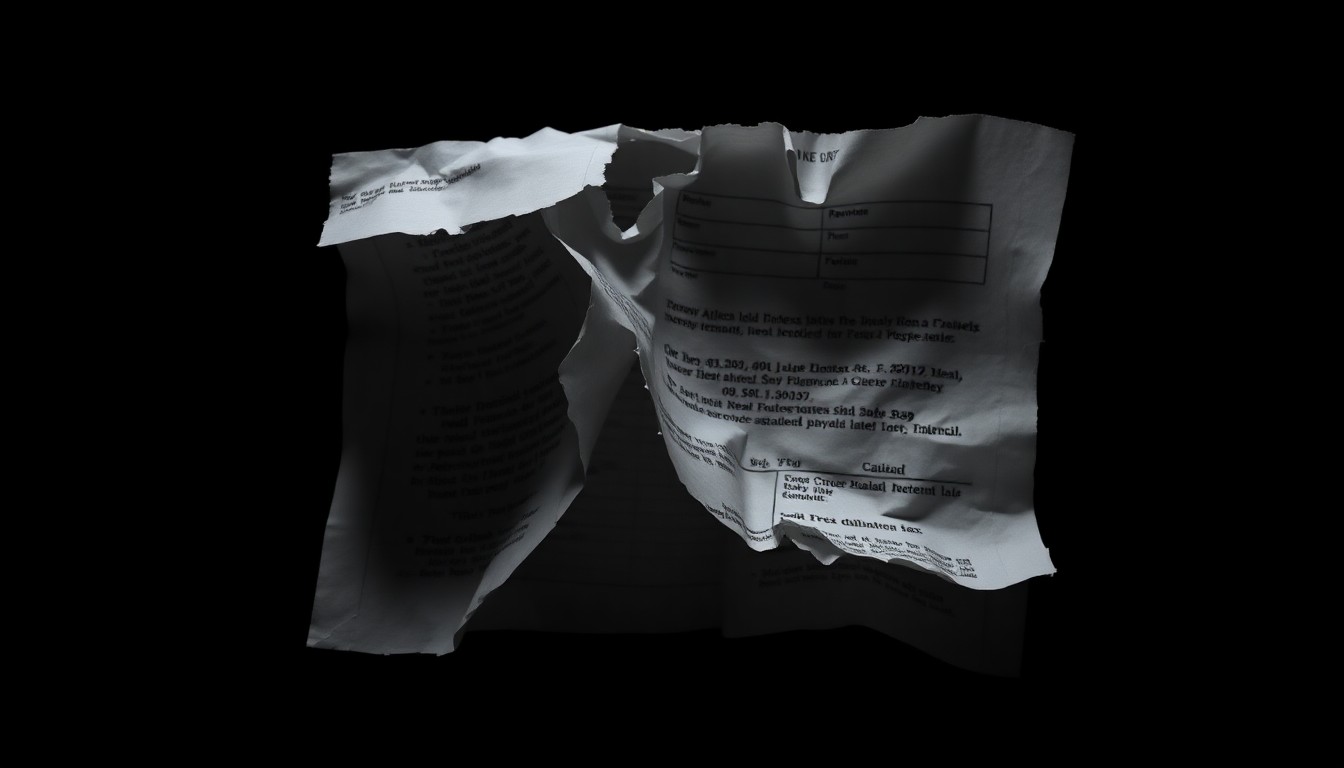 An extreme close-up photograph of a crumpled, torn financial document, lit by a harsh, direct camera flash against a pitch-black background, conceptually representing the investigation into the financial institutions that enabled Epstein's crimes.