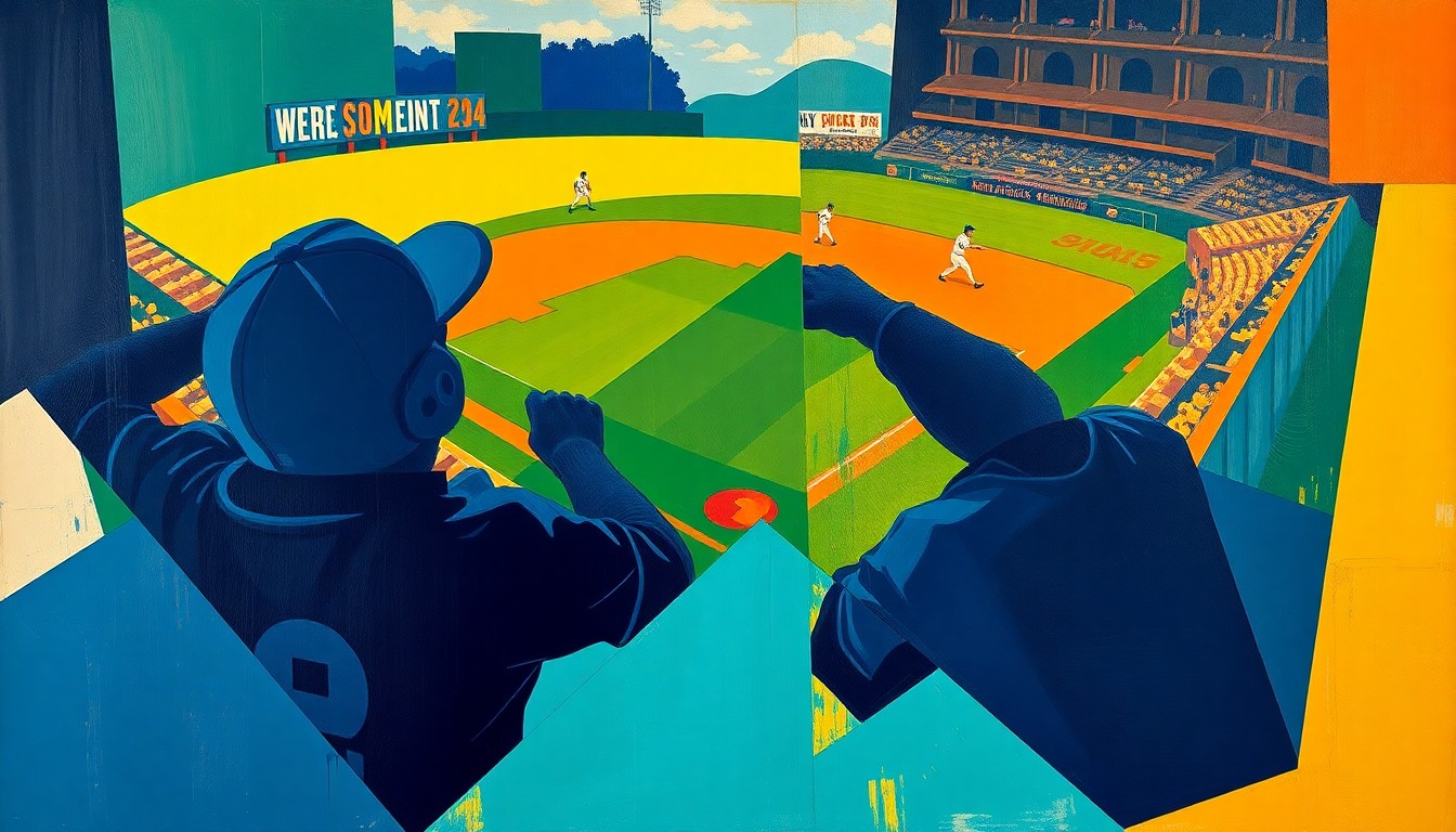 A cubist, geometric painting depicting a fragmented baseball game or match, with sharp planes of navy, green, and orange overlapping to create a dynamic, abstract composition.