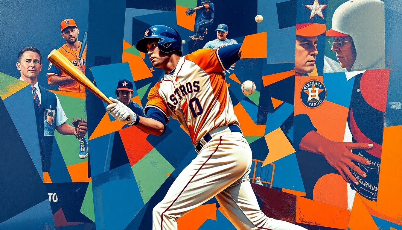 A fractured, cubist-style painting depicting Yordan Alvarez's powerful baseball swing, with sharp geometric planes in the Astros' team colors of navy, orange, and white, conceptually representing the star hitter's early-season dominance.