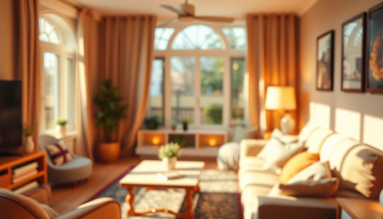 An abstract, out-of-focus photograph featuring soft, warm pools of light and color, conceptually representing the cozy, relaxing atmosphere of a private townhome interior.