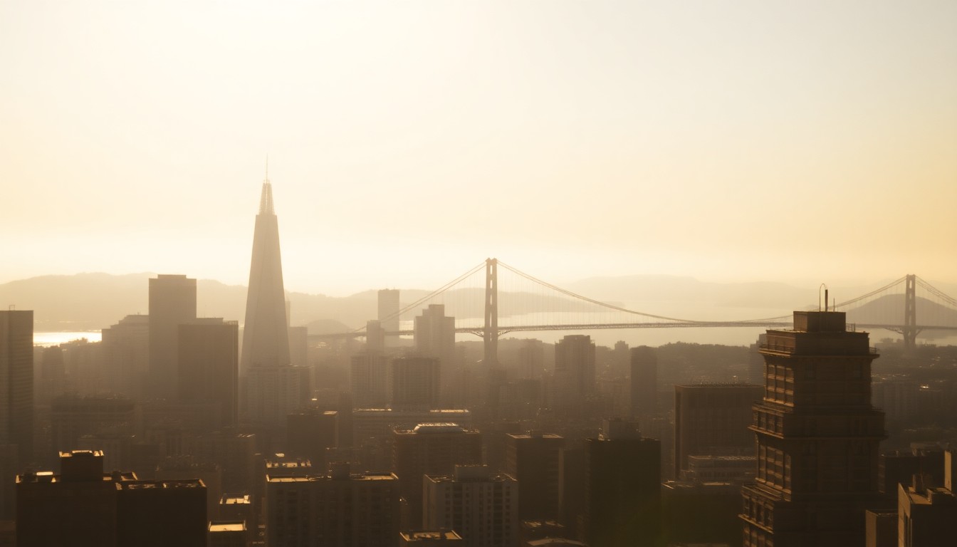 An extremely abstracted, out-of-focus photograph of a San Francisco skyline, with the Transamerica Pyramid and Golden Gate Bridge visible in the distance through a hazy, warm glow of light, conceptually representing the panoramic views from this high-end apartment.