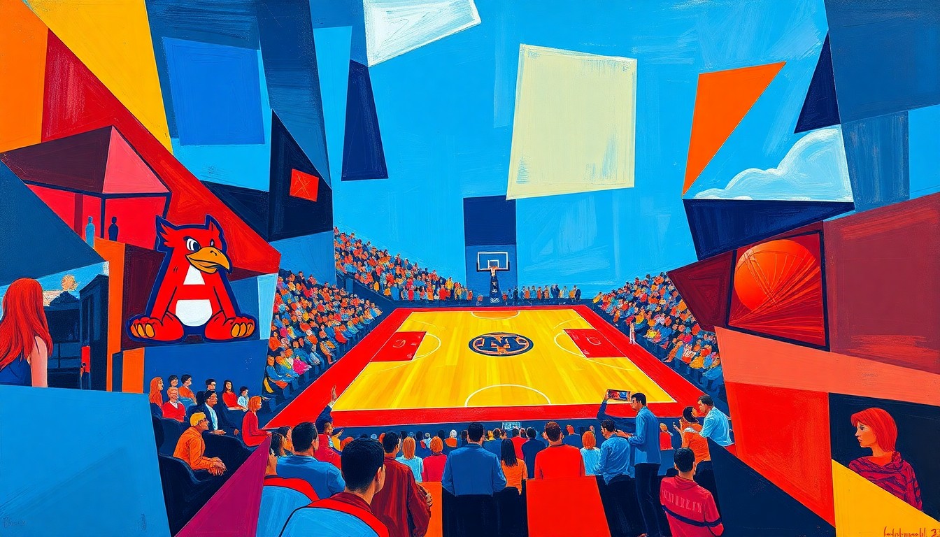 A cubist, geometric painting depicting fragmented, overlapping scenes of a basketball game, using bold colors like blue, red, and orange to capture the intensity of the matchup between the two elite teams.
