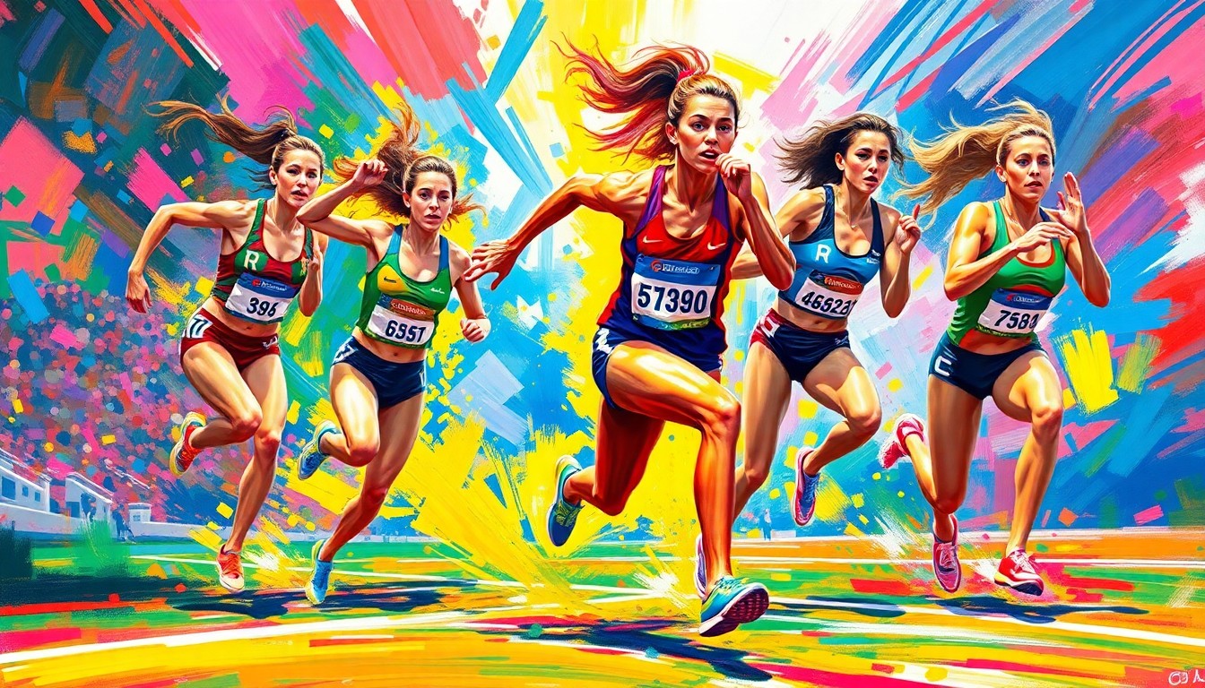 An abstract, energetic painting featuring dynamic, neon-colored brushstrokes representing the explosive movements and raw athleticism of female track and field competitors.