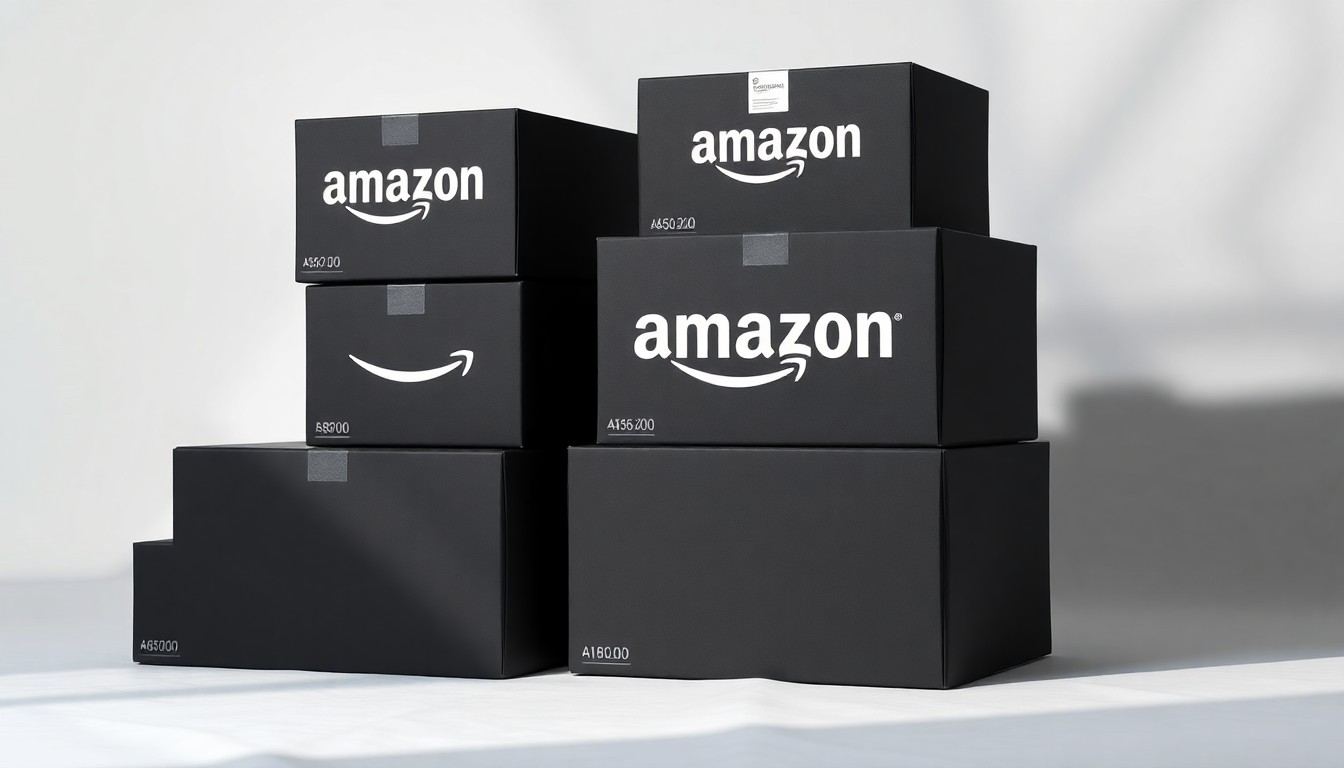 A high-end studio still life photograph featuring a stack of sleek black Amazon shipping boxes resting on a clean white background, symbolizing the financial pressures facing third-party sellers on the platform.