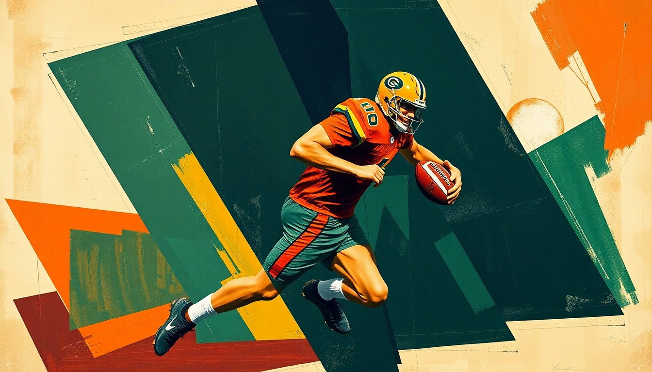 A fragmented, cubist-style painting depicting a football player's body broken into sharp, angular planes of navy, green, and orange, conveying the complex and multi-faceted nature of the NFL's investigation into player misconduct allegations.