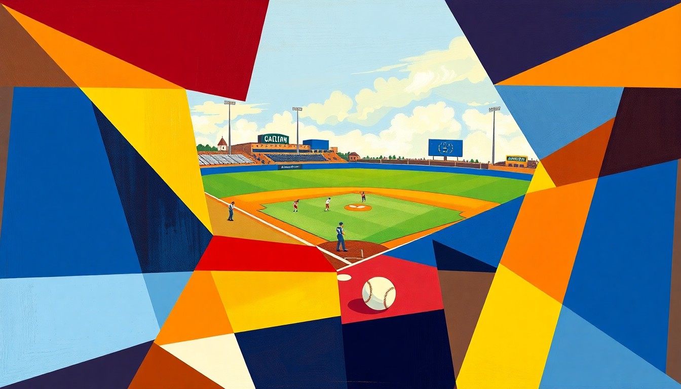 A cubist, geometric painting depicting the action and energy of a college softball game, with overlapping planes of the teams' official colors.