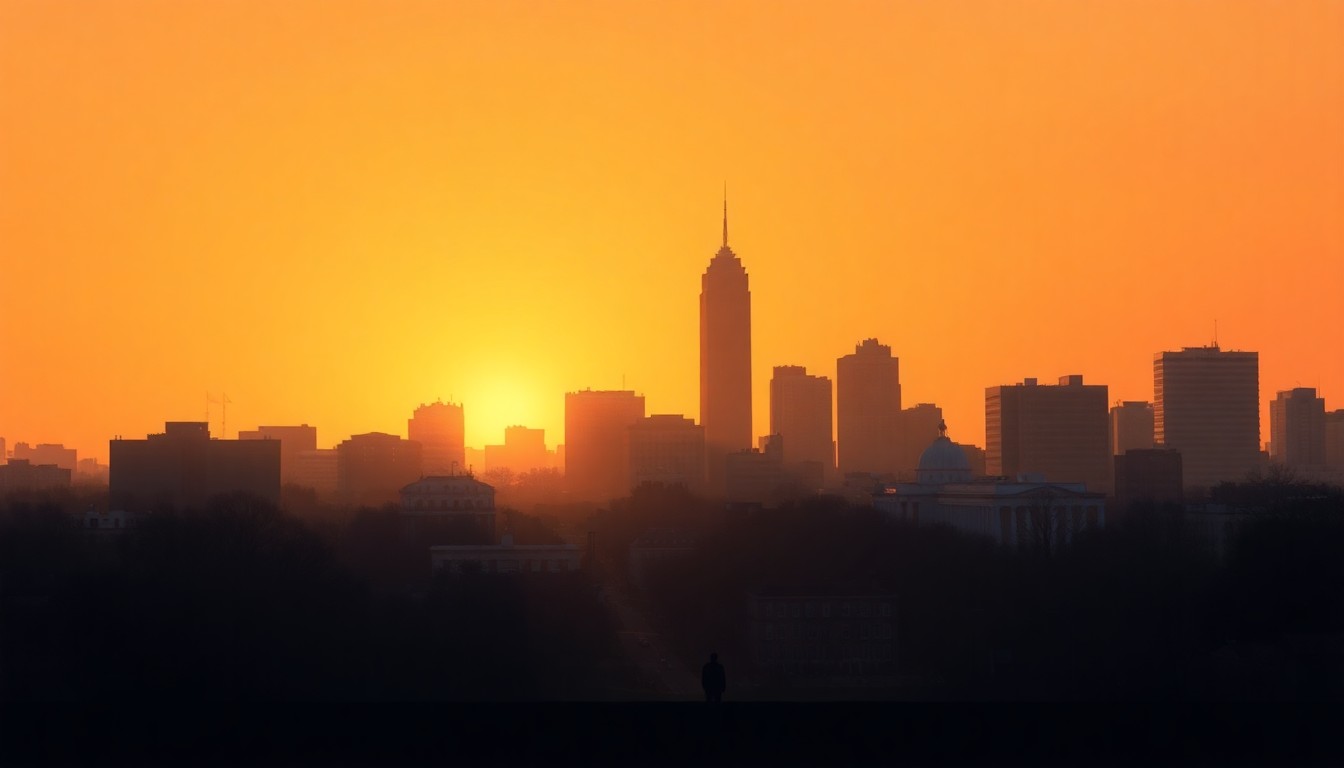 A cinematic painting of the Washington, D.C. skyline with a solitary figure in the foreground, conceptually representing the mayoral election and the diversity of the candidates.