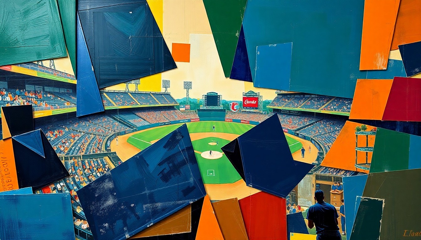 A fragmented, geometric painting depicting the dynamic movements and competing forces of a baseball game, rendered in a bold, angular style that captures the intensity of the contest.