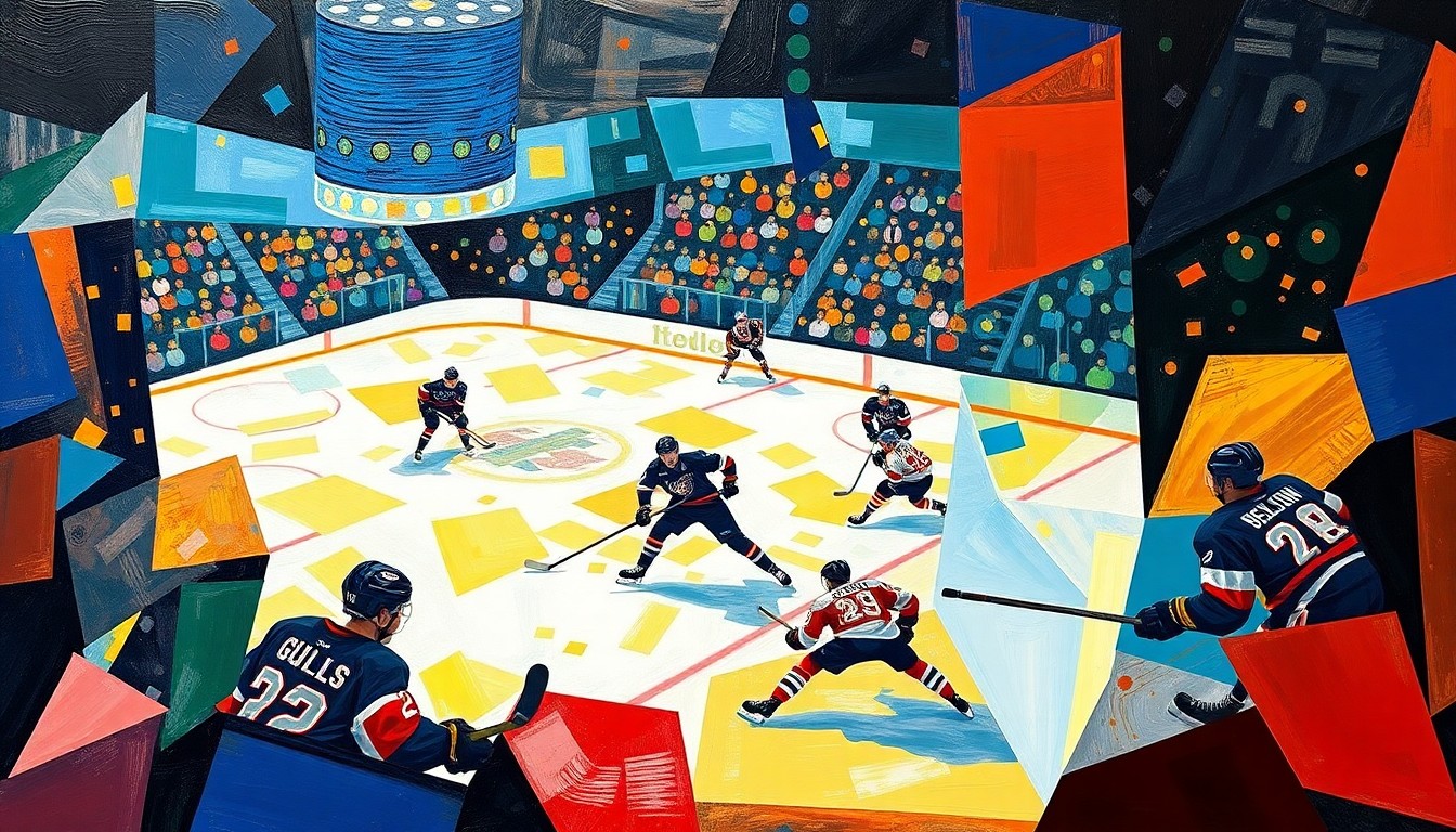 A cubist, geometric painting depicting a hockey game, with sharp, overlapping planes of color representing the players and action on the ice.