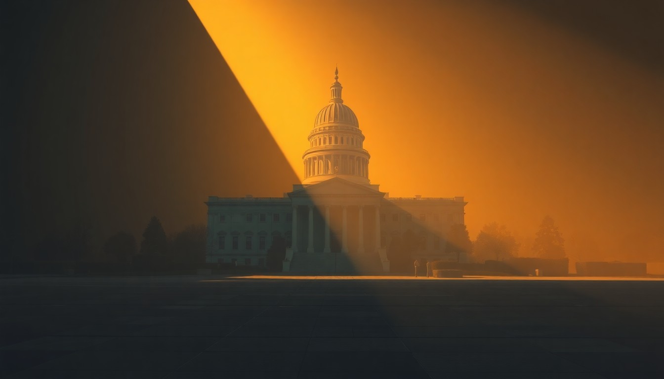 A serene, photorealistic painting of an empty state capitol building in warm, golden light, conveying a sense of solitude and the weight of political decisions.