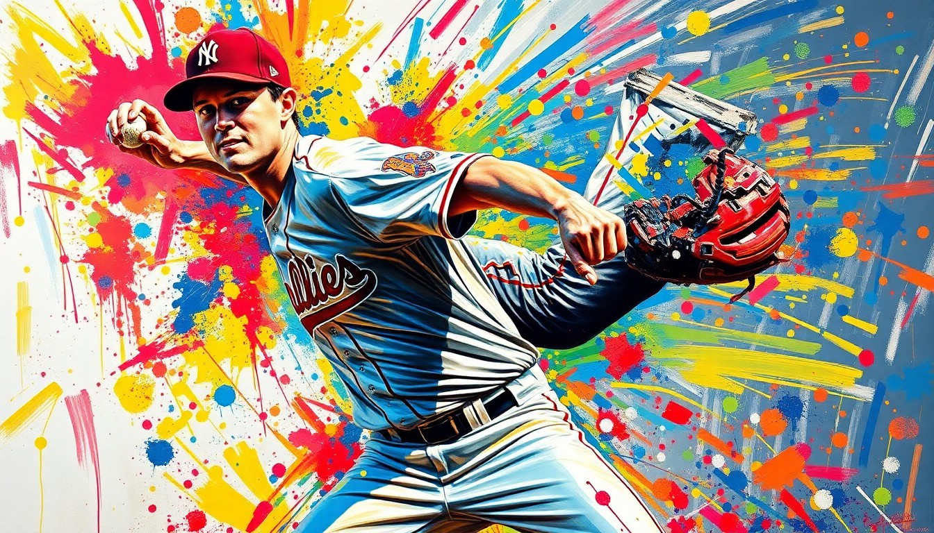 An expressionist painting in vibrant neon colors capturing the raw energy and motion of a baseball pitcher on the mound, with his face and uniform details dissolving into abstract brushstrokes.