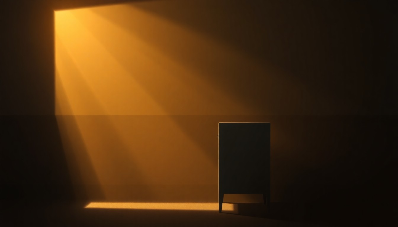 A photorealistic painting of a lone voting booth or ballot box sitting in a quiet, sunlit room, with soft shadows and muted colors evoking a sense of nostalgic civic duty.