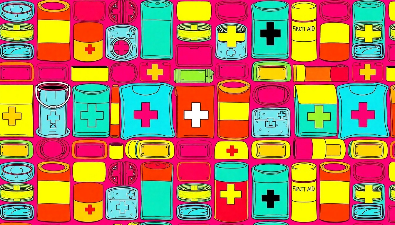 A brightly colored, high-contrast silkscreen print of various sports medicine supplies like bandages, tape, and first aid kits, repeated in a tight grid pattern to create a modern pop art aesthetic.