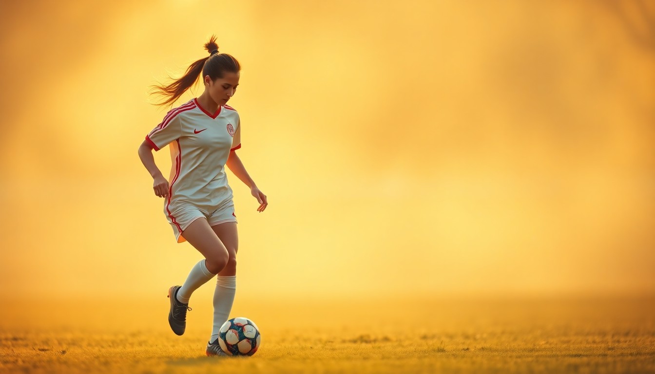An extremely abstracted, out-of-focus photograph in warm, hazy tones depicting a young woman in a soccer jersey dribbling a ball on a grassy field, with the background blurred into abstract shapes of light and color, conceptually representing the vibrant energy and community impact of the AFCU Changemaker program.