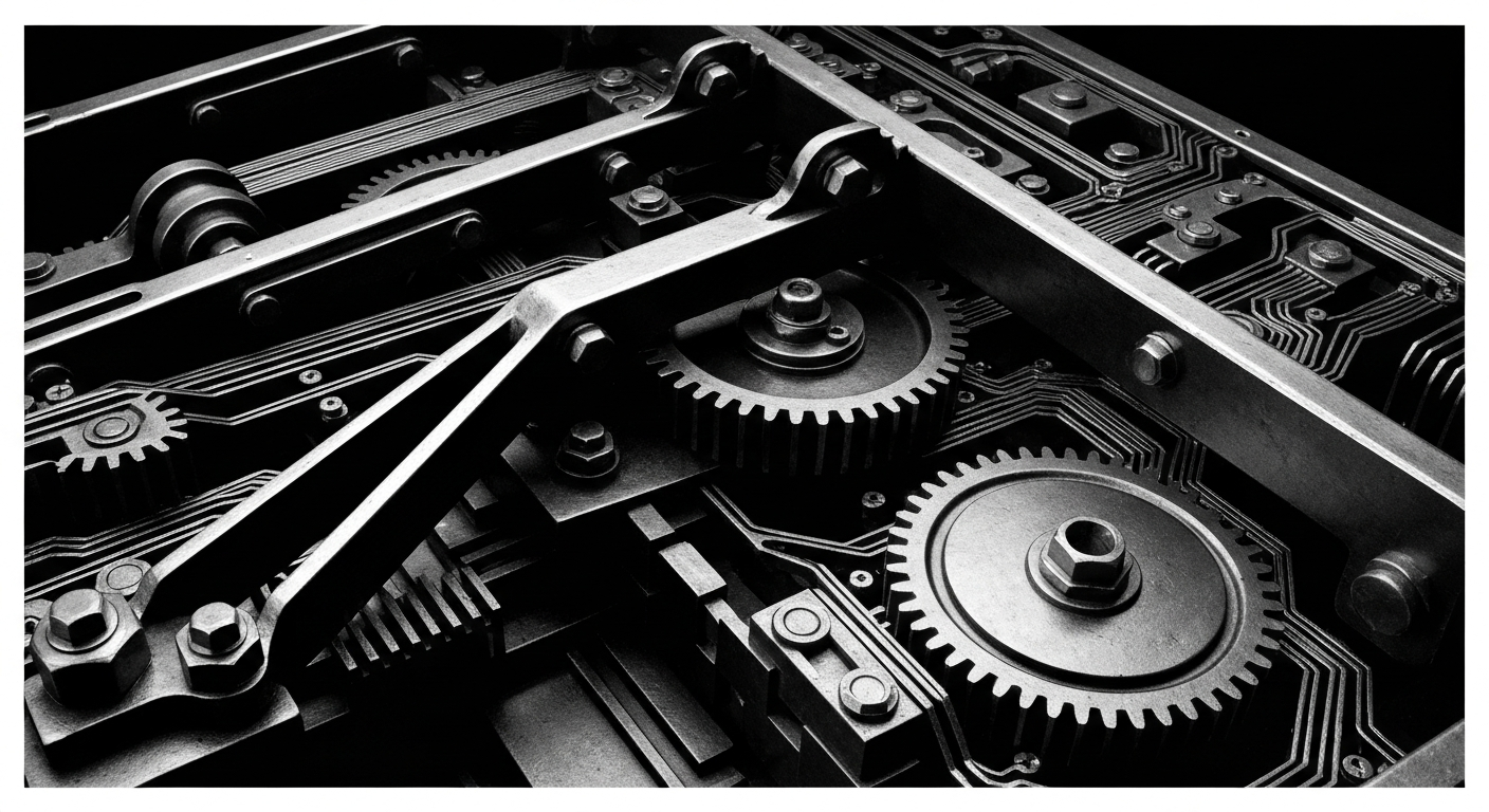 A high-contrast, cinematic close-up of heavy, industrial-looking financial mechanisms and machinery, conveying a sense of the intricate workings and power of the financial system as a metaphor for the challenges facing biotech companies.