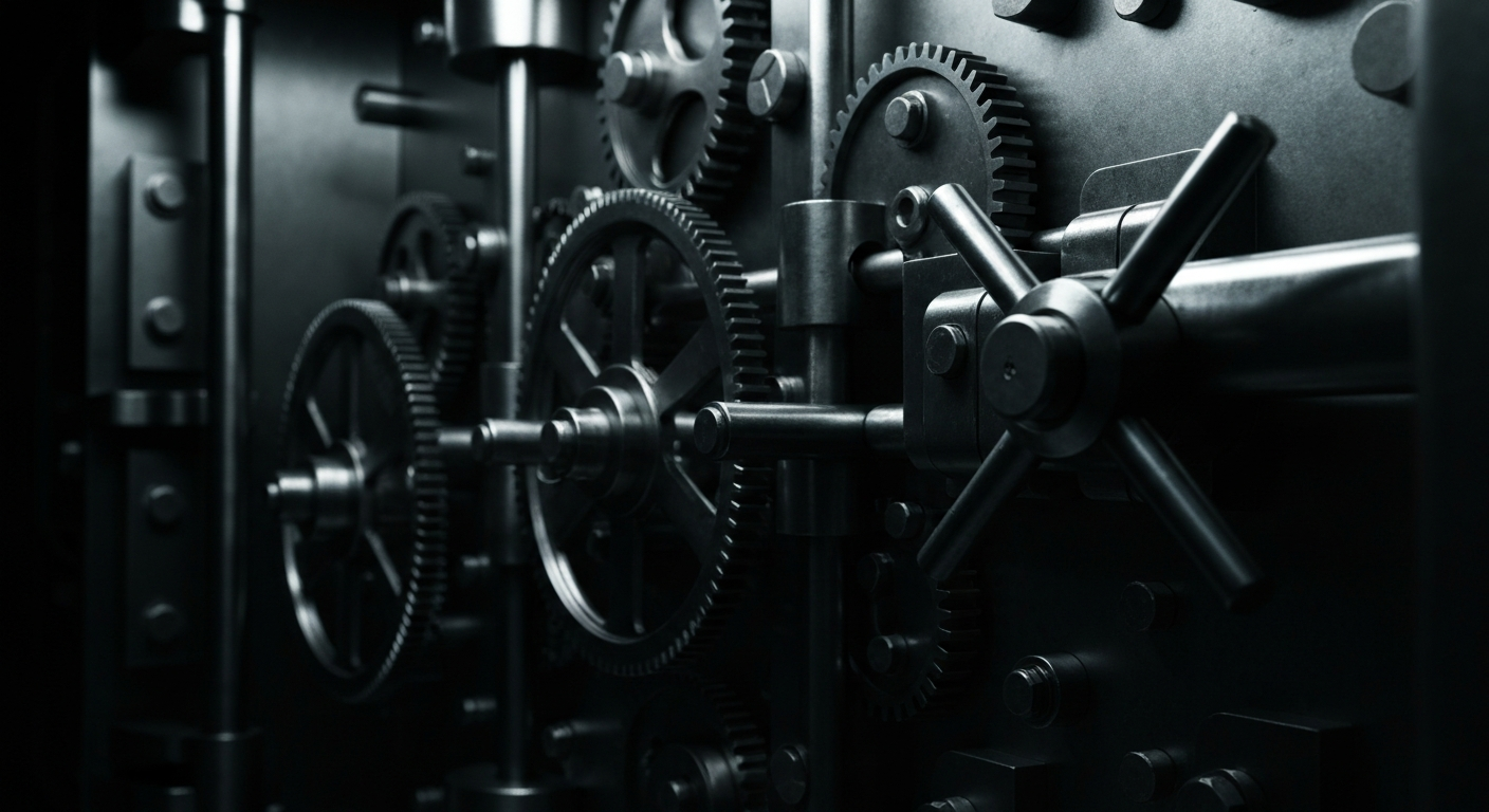 A highly detailed, black-and-white close-up image of the inner workings of a bank vault, including gears, locks, and heavy metal mechanisms, conveying a sense of security and solidity associated with financial institutions.