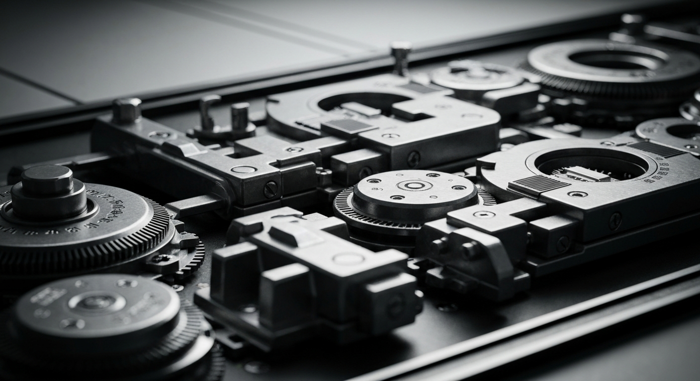 An extreme close-up of intricate gears, levers, and metal components that make up the inner workings of a complex financial system, conveying the heavy, industrial nature of the finance industry.
