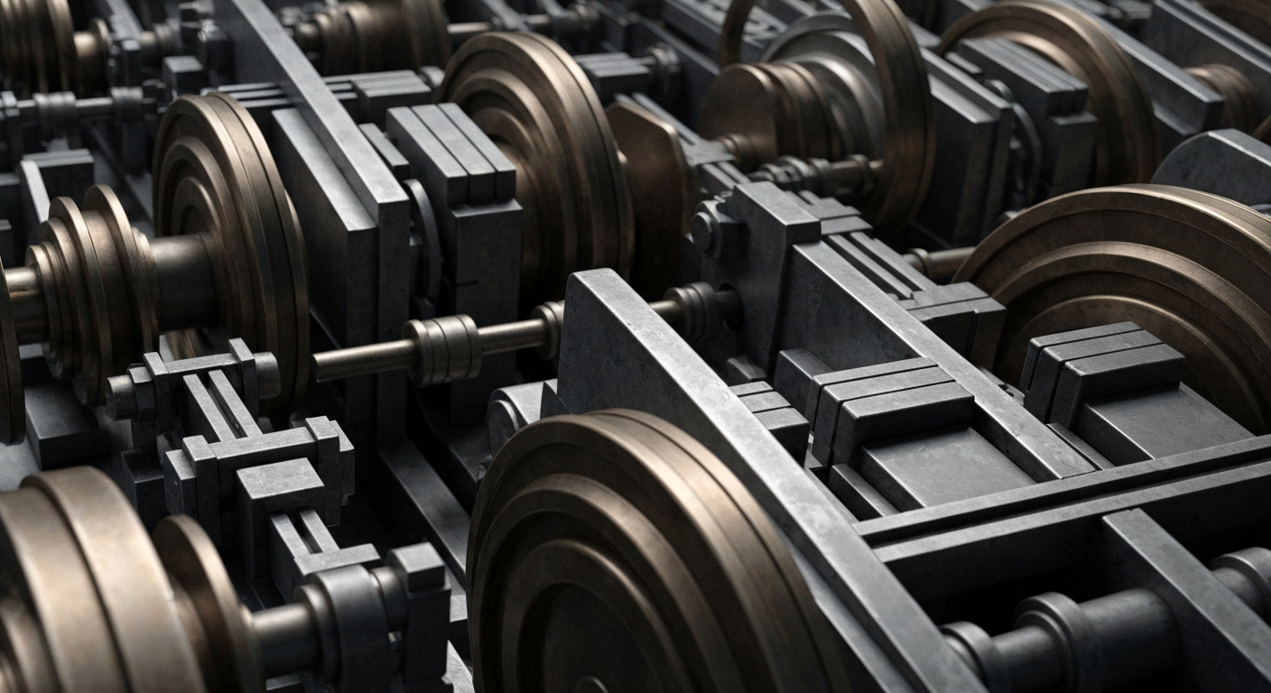 A dramatic close-up of various metal gears, levers, and mechanical components that make up the inner workings of a banking institution, conveying a sense of the hidden infrastructure that underpins the financial system.